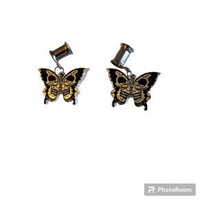 2G Tunnel Plugs Butterfly Skull Dangle Earrings